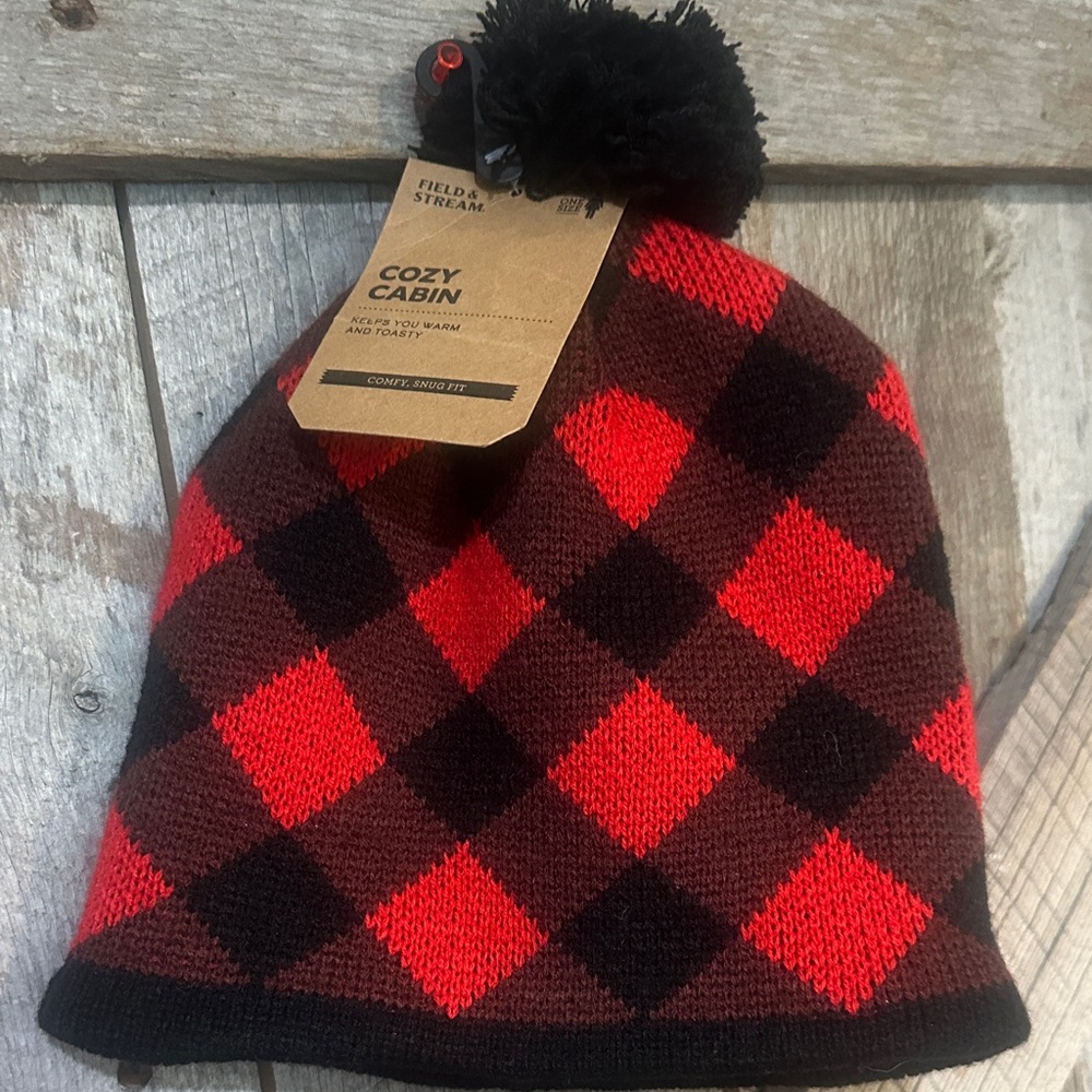 Field & Stream Kids' Red and Brown Buffalo Plaid Pom Beanie